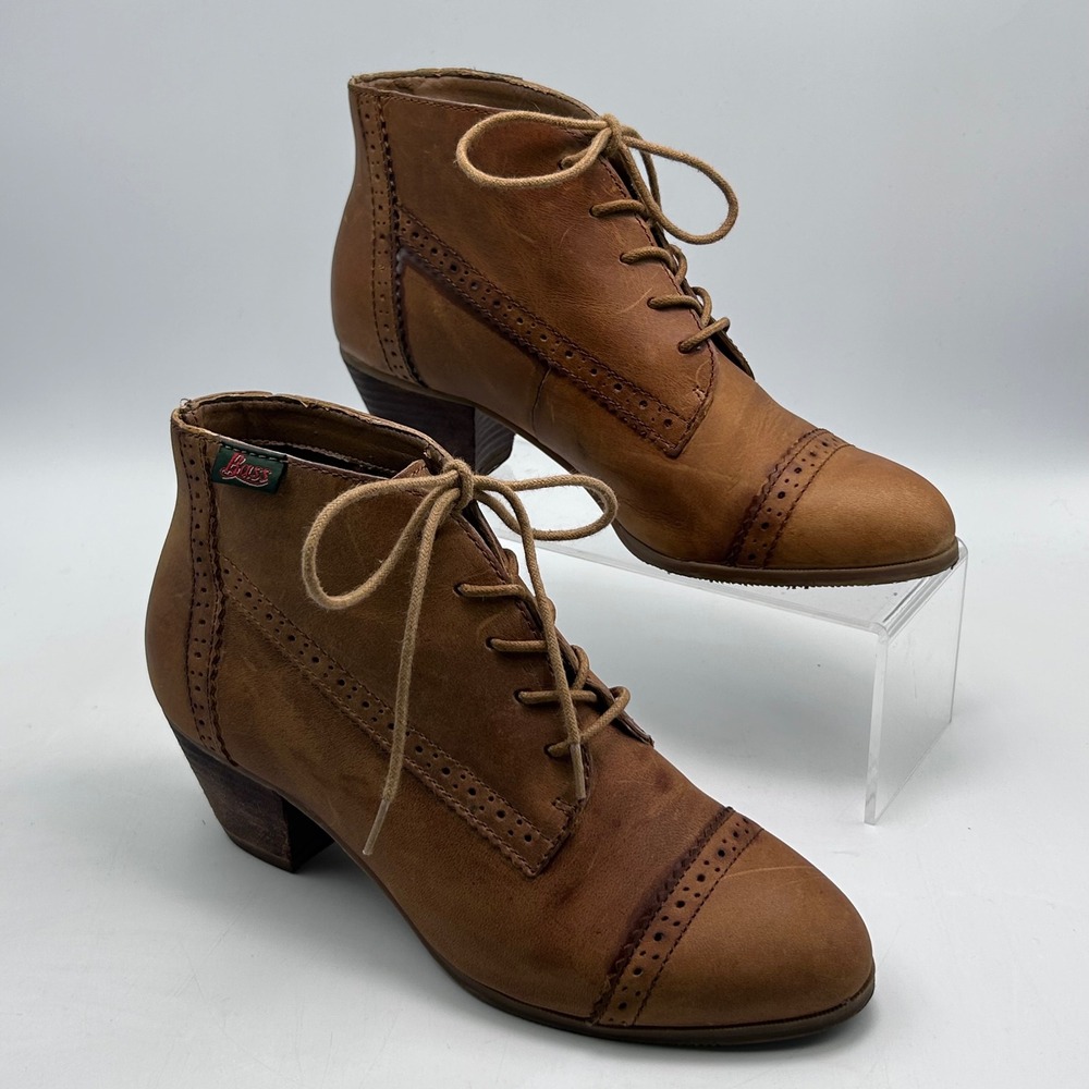 G.H. Bass Perry Booties Women 7M Tan Leather Brogue Lace Up Dark Academia